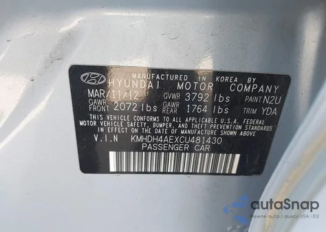 2012 Hyundai Elantra Limited (Ulsan Plant) from USA, damaged, VIN KMHDH4AEXCU481430